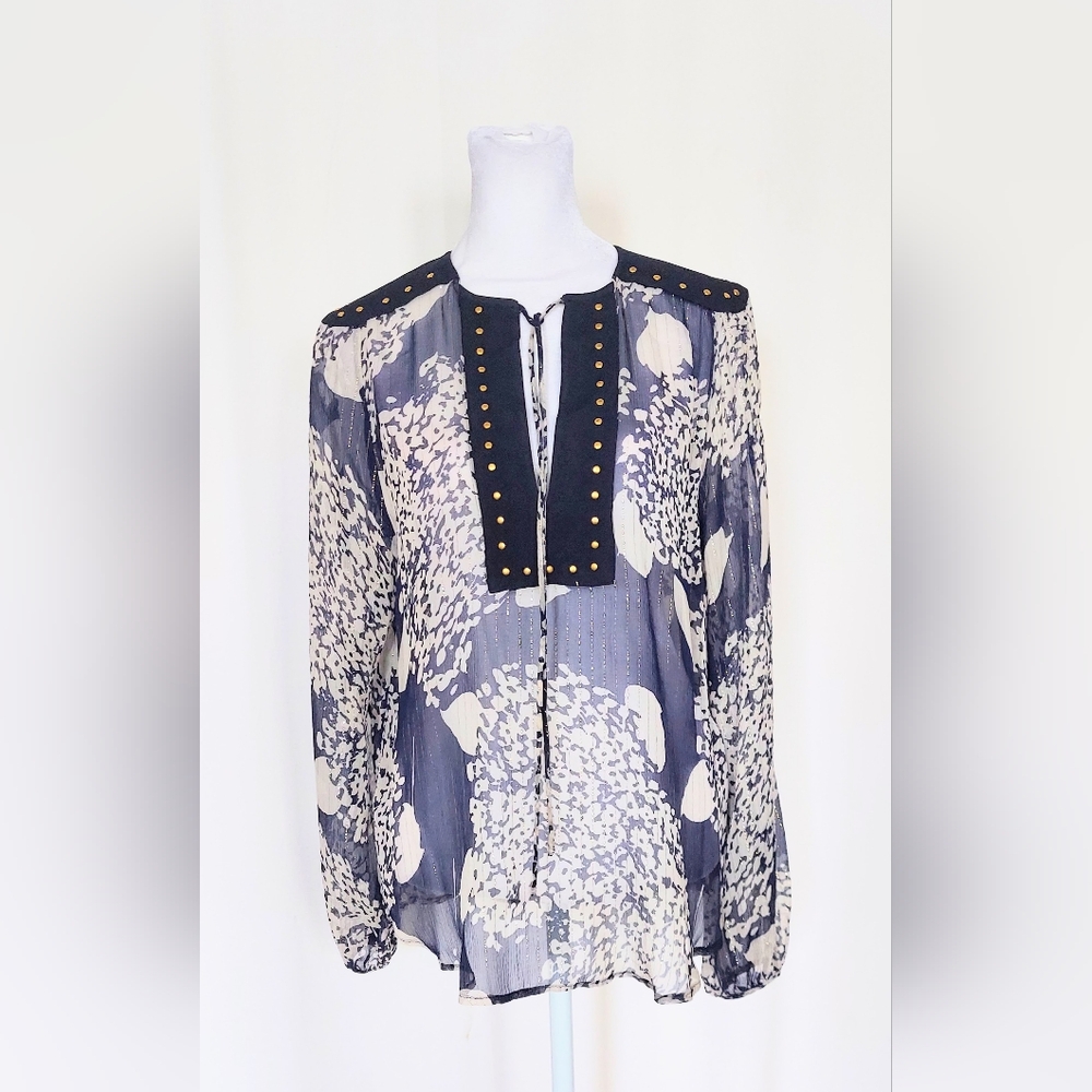 Zara Womens Sheer Floral Gold Studded Top Blouse Blue Size Medium